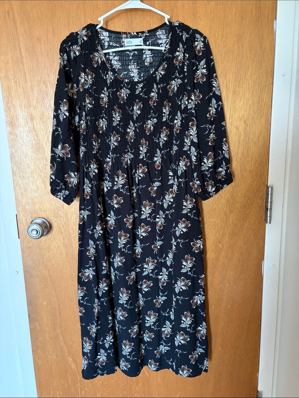 croft & barrow Black Floral Midi Dress with Smocked Bodice